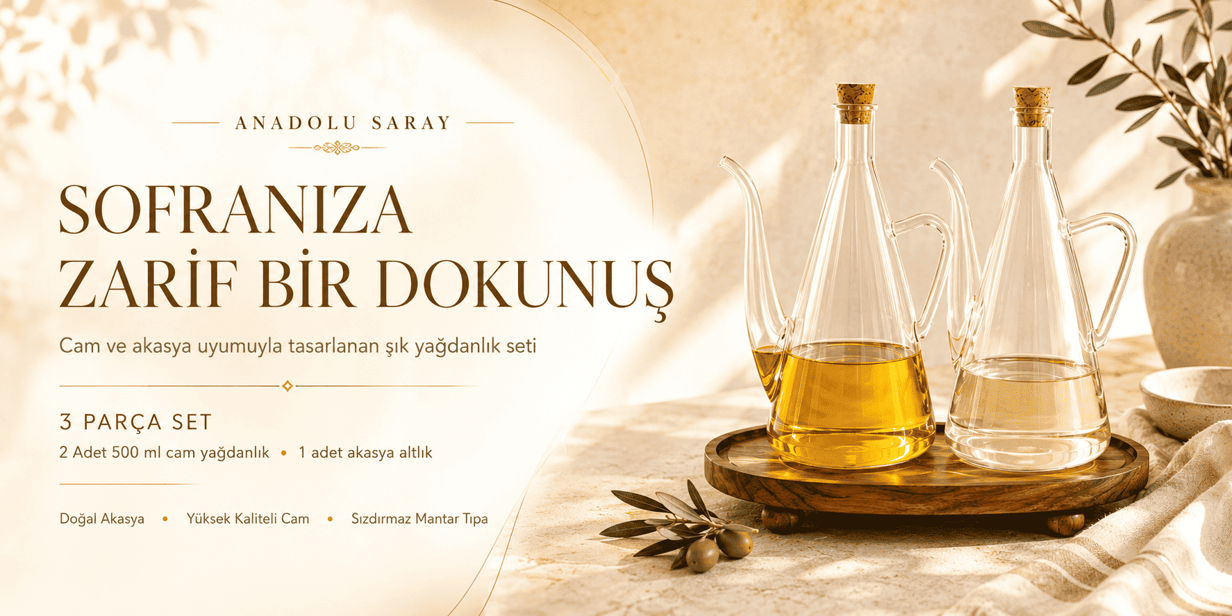 3’lü Akasya Yağdanlık Seti 500 ML Cam Yağlık Sirkelik Mantar Tıpalı Şık Sunumluk