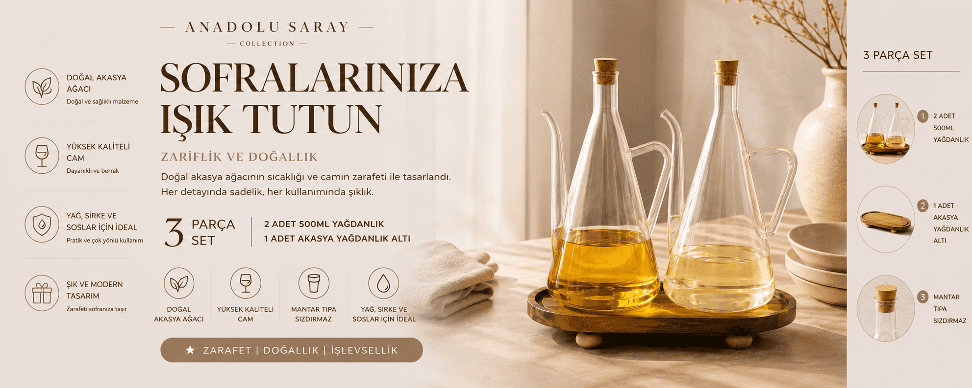 3’lü Akasya Yağdanlık Seti 500 ML Cam Yağlık Sirkelik Mantar Tıpalı Şık Sunumluk
