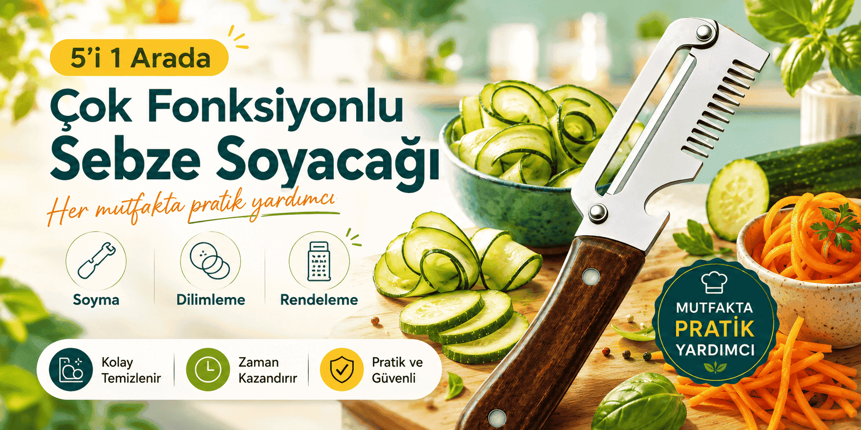 5 Fonksiyonlu Sebze Soyacağı Rende Dilimleyici Paslanmaz Çelik Ahşap Saplı Mutfak Aparatı