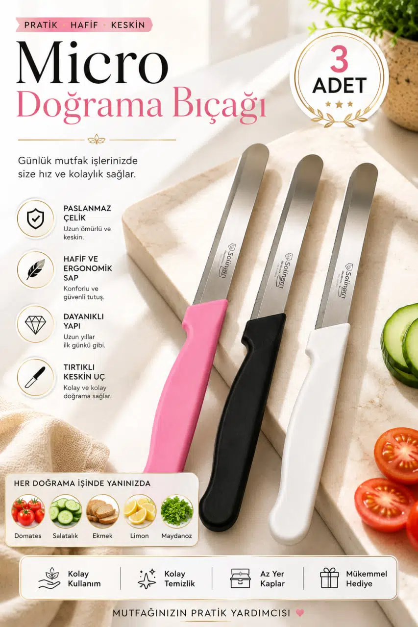 Solingen 3'lü Micro Doğrama Bıçağı Tırtıklı Paslanmaz Çelik Ergonomik Saplı Mutfak Bıçak Seti
