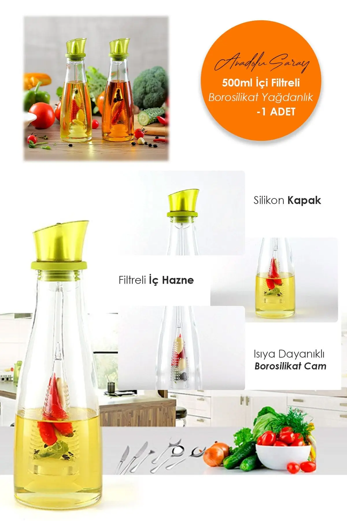 Fonksiyonlu Isıya Dayanıklı Borosilikat Cam 500Ml Içi Filtreli Yağdanlık Yağlık Sirkelik - 1 Adet Fonksiyonlu Isıya Dayanıklı Borosilikat Cam 500Ml Içi Filtreli Yağdanlık Yağlık Sirkelik - 1 Adet