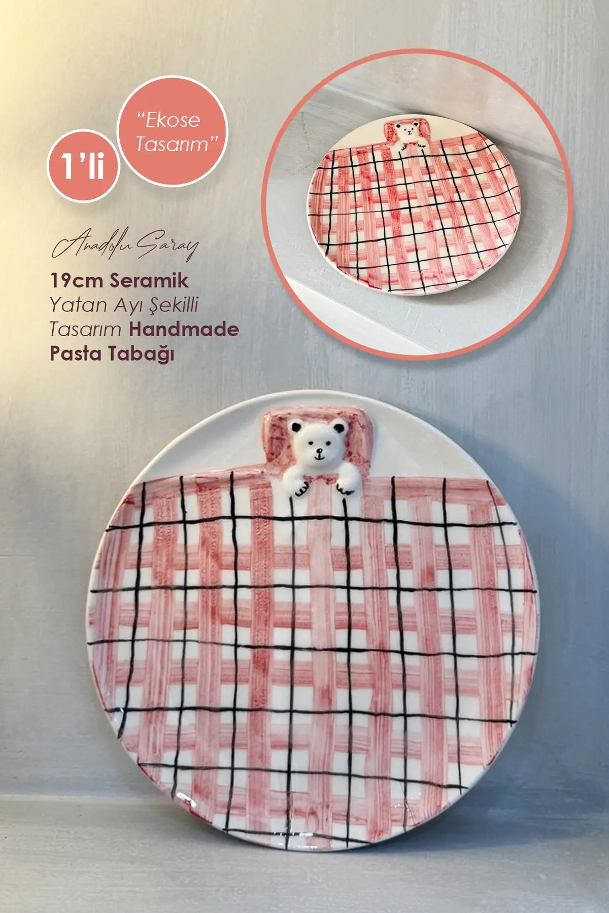 1li 19cm Seramik Ekose Tasarım Yatan Ayı Şekilli Handmade Pasta Tabağı Tatlı Kahvaltı Pasta Tabağı 1li 19cm Seramik Ekose Tasarım Yatan Ayı Şekilli Handmade Pasta Tabağı Tatlı Kahvaltı Pasta Tabağı