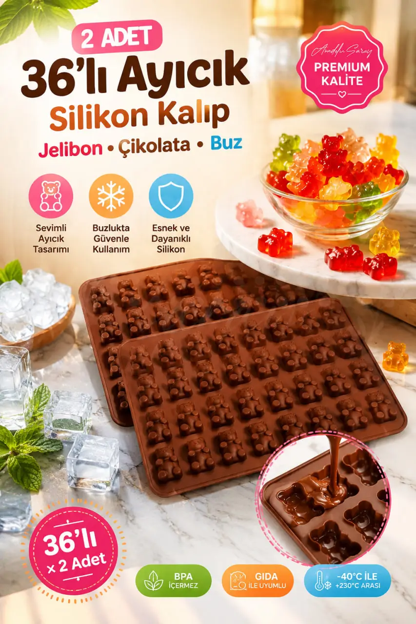 2 Adet 36'lı Ayıcık Silikon Kalıp Jelibon Çikolata Buz Kalıbı Jelibon Çikolata Buz Kalıbı