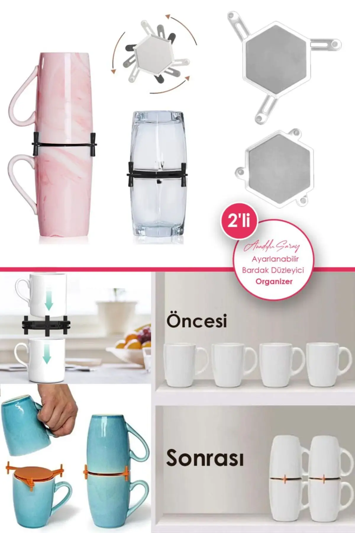 2 Adet Ayarlanabilir Dolap İçi Bardak Kupa Mug Düzenleyici Organizer 2 Adet Ayarlanabilir Dolap İçi Bardak Kupa Mug Düzenleyici Organizer