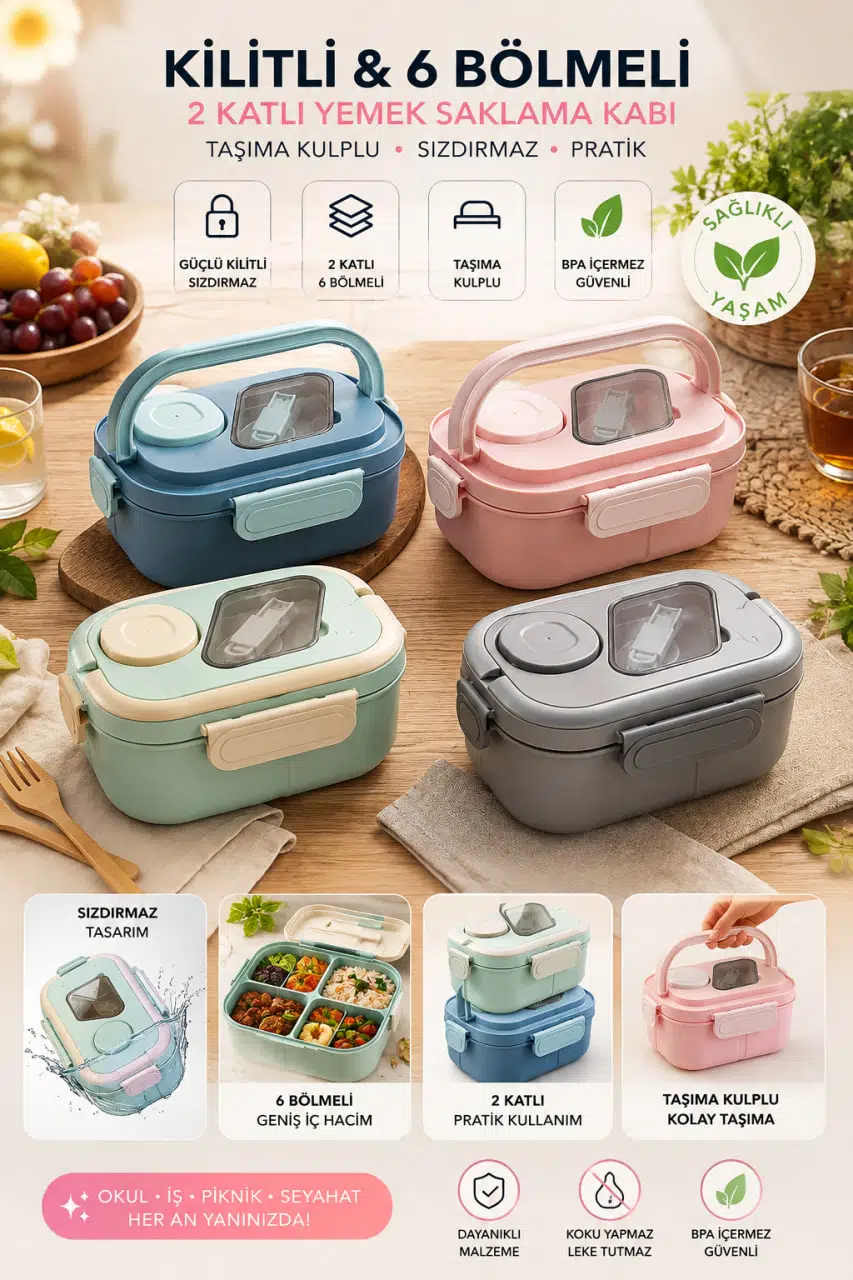 2 Katlı 6 Bölmeli Lunch Box Sosluklu Çatal Kaşıklı Kilitli Yemek Kabı - 1 ADET