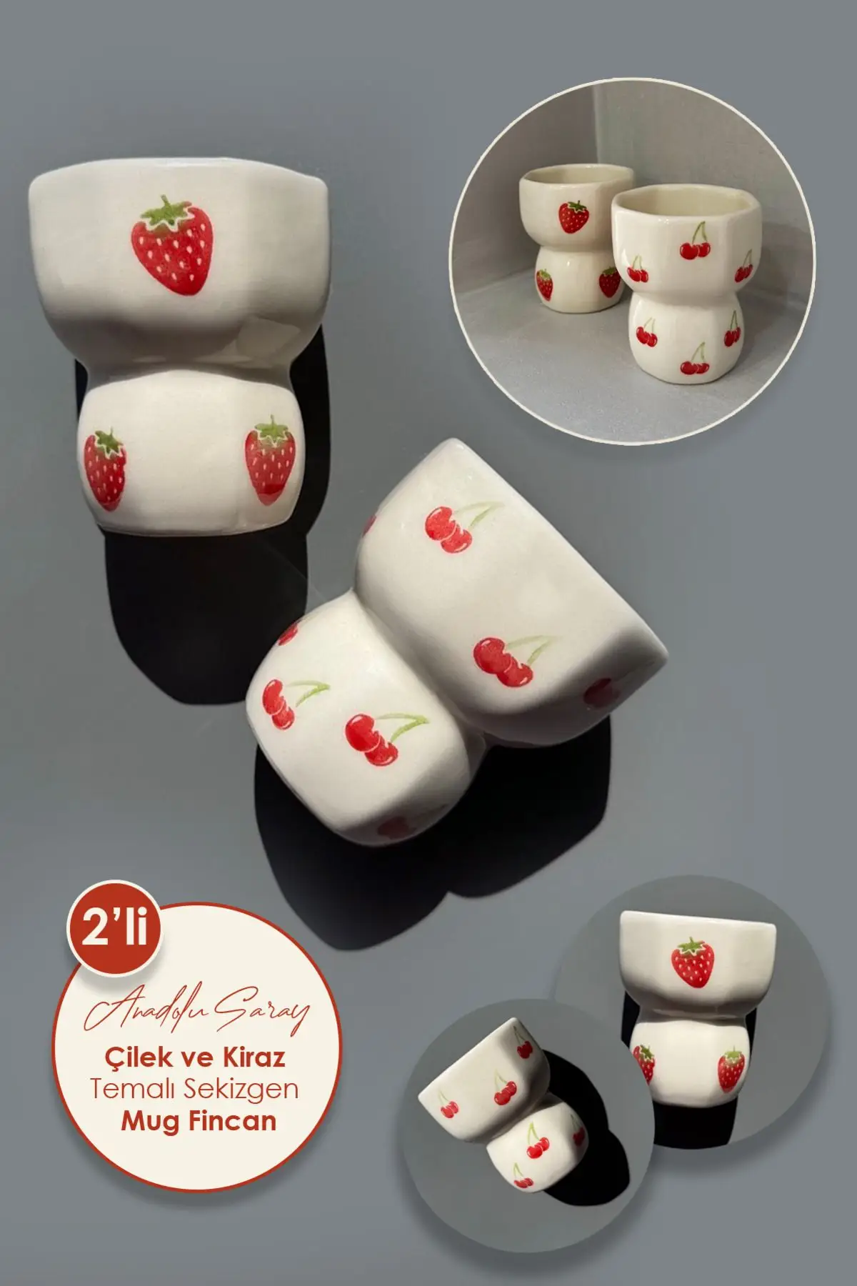 2`li El Yapımı Seramik Çilek ve Kiraz Tasarım Handmade Kupa Sekizgen Tasarım Mug Kupa Fincan 2 ADET 2`li El Yapımı Seramik Çilek ve Kiraz Tasarım Handmade Kupa Sekizgen Tasarım Mug Kupa Fincan 2 ADET