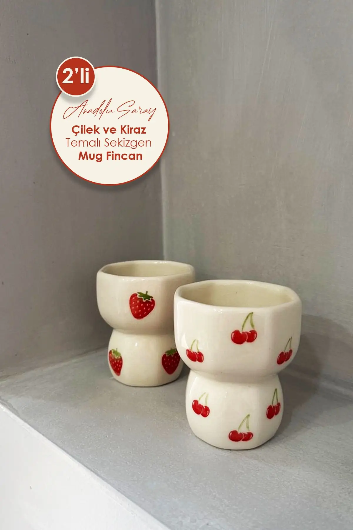 2`li El Yapımı Seramik Çilek ve Kiraz Tasarım Handmade Kupa Sekizgen Tasarım Mug Kupa Fincan 2 ADET 2`li El Yapımı Seramik Çilek ve Kiraz Tasarım Handmade Kupa Sekizgen Tasarım Mug Kupa Fincan 2 ADET