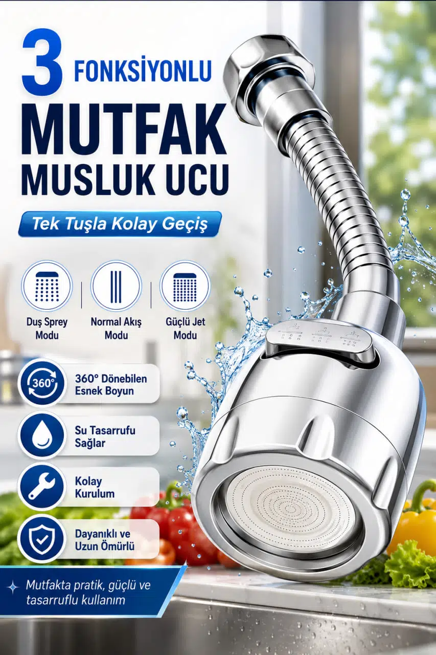 3 Fonksiyonlu Gümüş Mutfak Musluk Ucu 360° Döner Esnek Hortumlu Su Tasarruflu 17cm