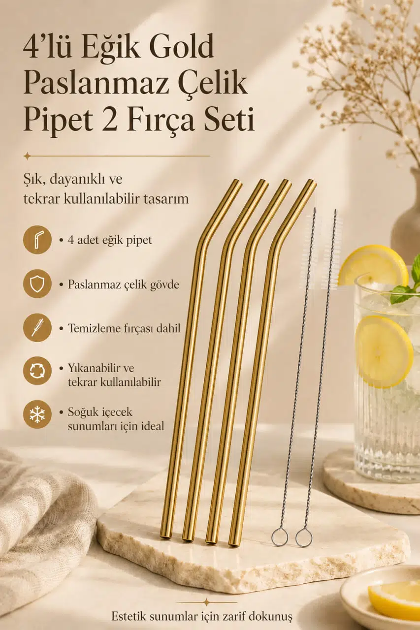 4’lü Eğik Gold Paslanmaz Çelik Pipet Seti 2 Fırçalı Yeniden Kullanılabilir