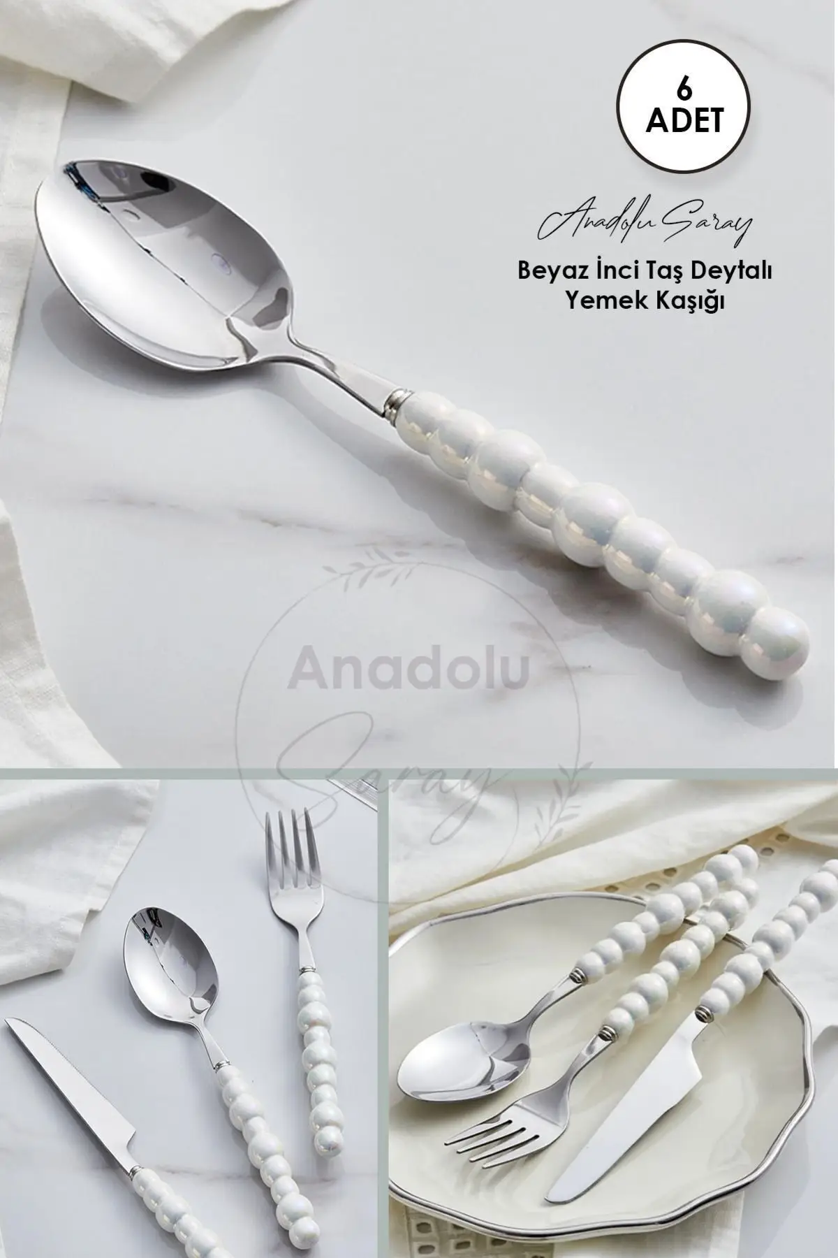 6 Adet Beyaz İnci Taş Detaylı Yemek Çatal Takımı 6 Adet Beyaz İnci Taş Detaylı Yemek Çatal Takımı