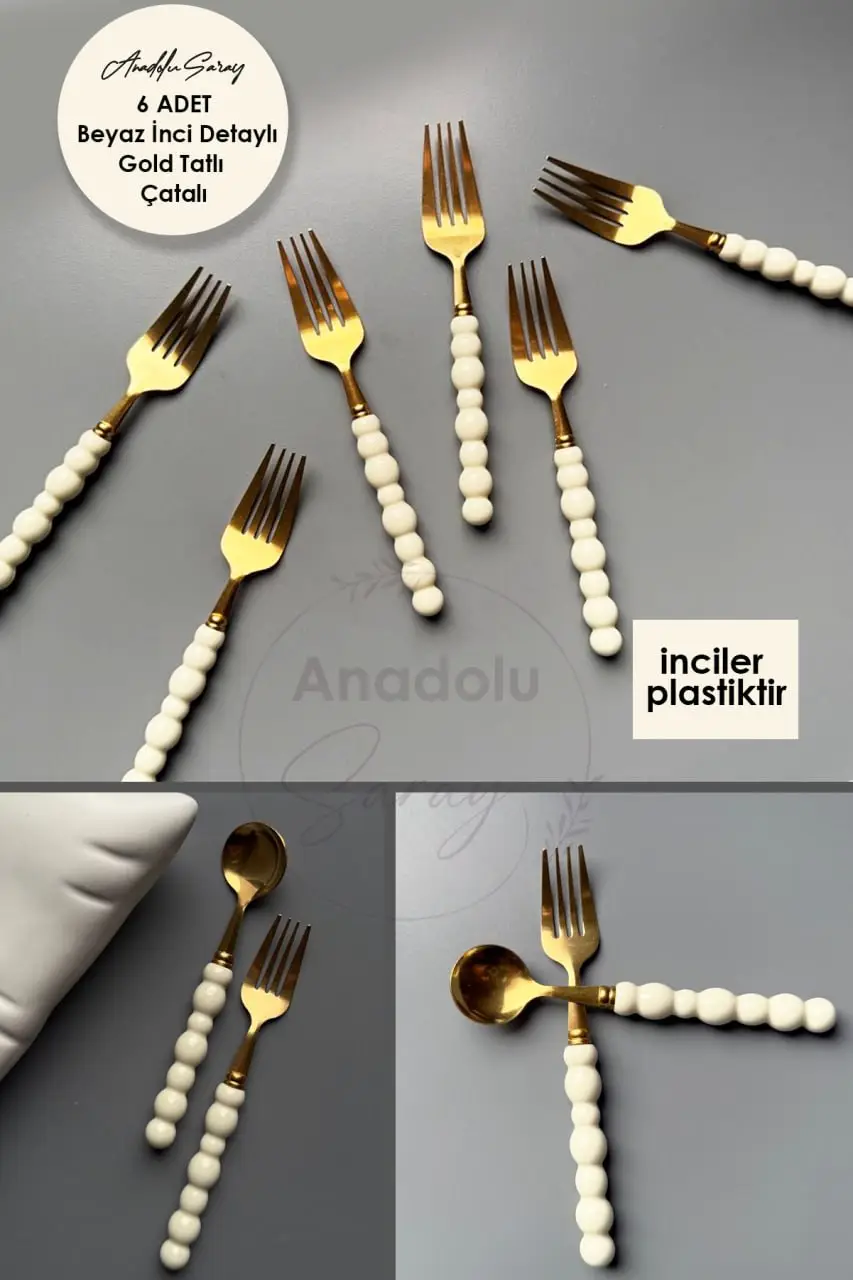 6 Adet Beyaz Plastik İnci Taş Detaylı Gold Tatlı Çatal Takımı | 6 Parça Lüks Tatlı Çatal Takımı 6 Adet Beyaz Plastik İnci Taş Detaylı Gold Tatlı Çatal Takımı | 6 Parça Lüks Tatlı Çatal Takımı