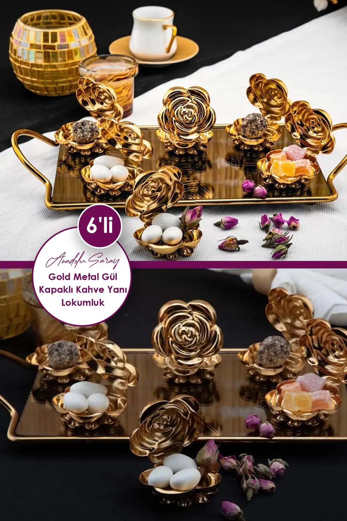 6lı Mini Gold Metal Gül Kapaklı Kahve Yanı Model Şekerlik Lokumluk Drajelik İkramlık 6lı Mini Gold Metal Gül Kapaklı Kahve Yanı Model Şekerlik Lokumluk Drajelik İkramlık