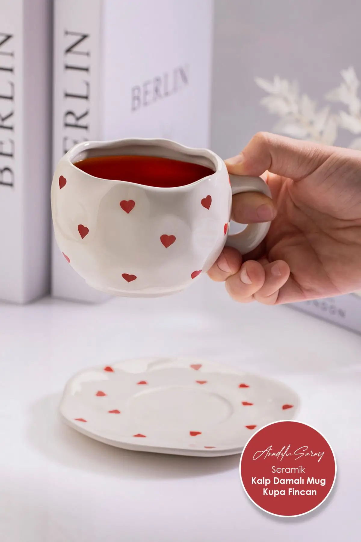 El Yapımı Seramik Kalp Damalı ve Tabaklı Mug Kupa Fincan Takım | Mug Fincan Kupa Kahve Kupası El Yapımı Seramik Kalp Damalı ve Tabaklı Mug Kupa Fincan Takım | Mug Fincan Kupa Kahve Kupası