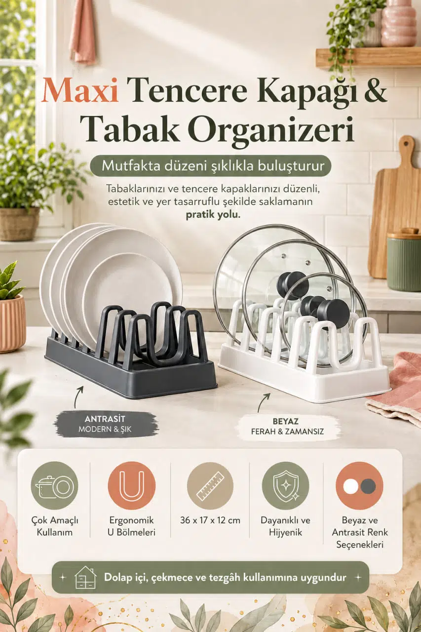 Maxi Tencere Kapağı ve Tabak Organizeri 36x17x12 cm Dolap İçi Düzenleyici - 1 ADET 
